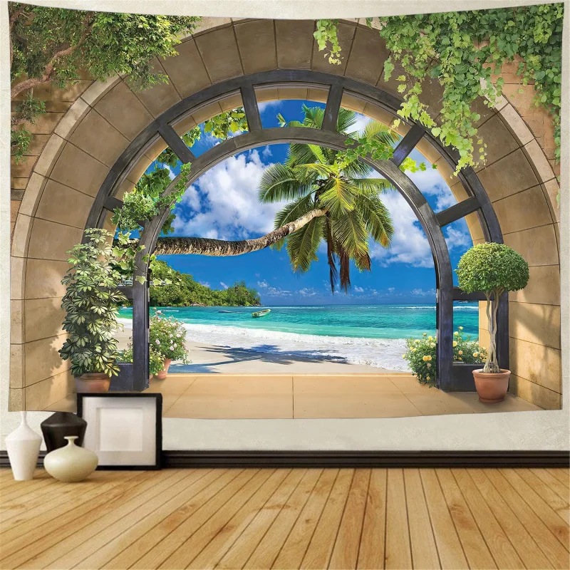 VIKAMA Panoramic Arched Window Seascape Tapestry Interior Design Rendering Holiday-Inspired Living Room & Bedroom Feature Wall