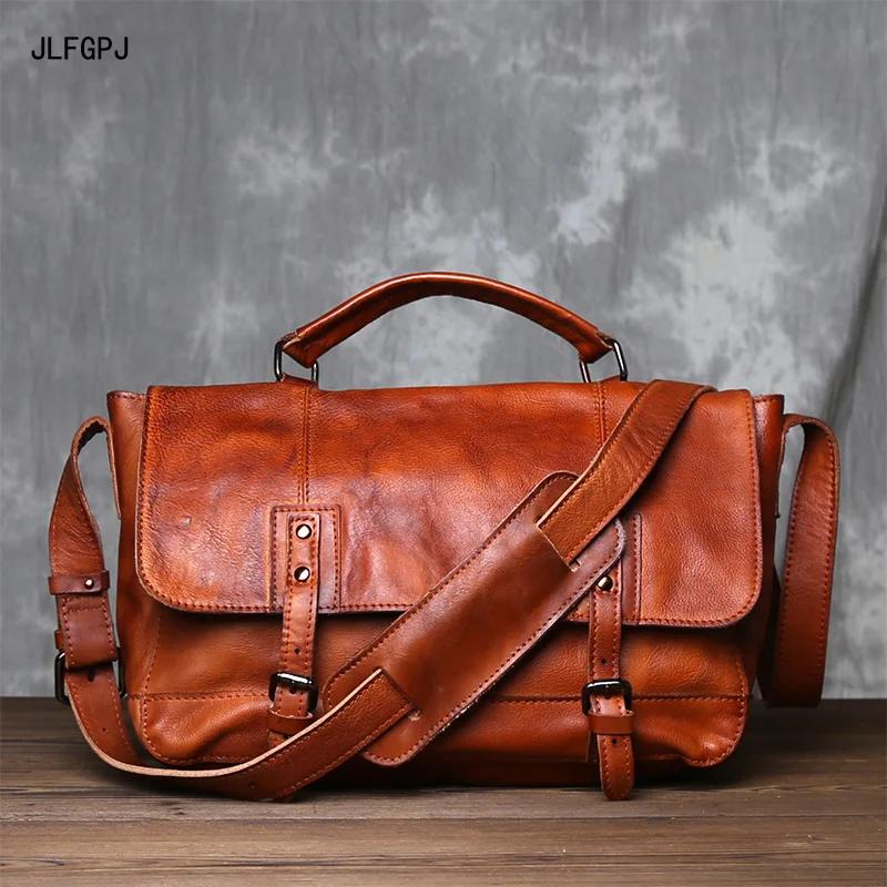 JLFGPJ Texture Original Vintage Old Rubbed Color Vegetable Tanned Cowhide Crossbody Bag Men's Genuine Leather Handheld Briefcase