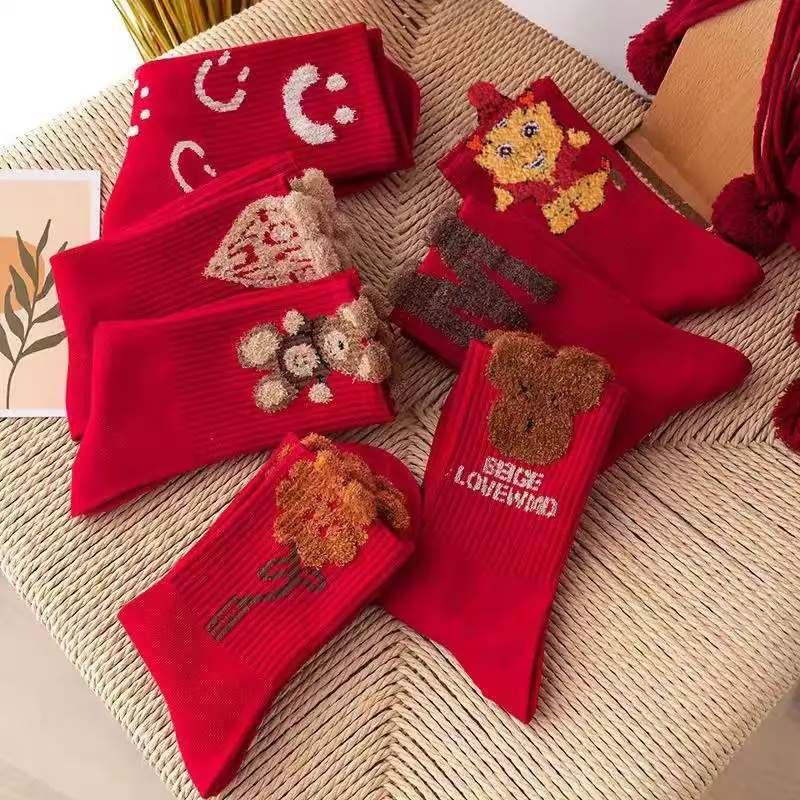 chaussettes-mi-mollet-en-pur-coton-du-nouvel-an-chinois-annee-du-dragon-pour-femmes-et-enfants-collection-automne-hiver-motif-zodiaque-couleur-rouge-vif