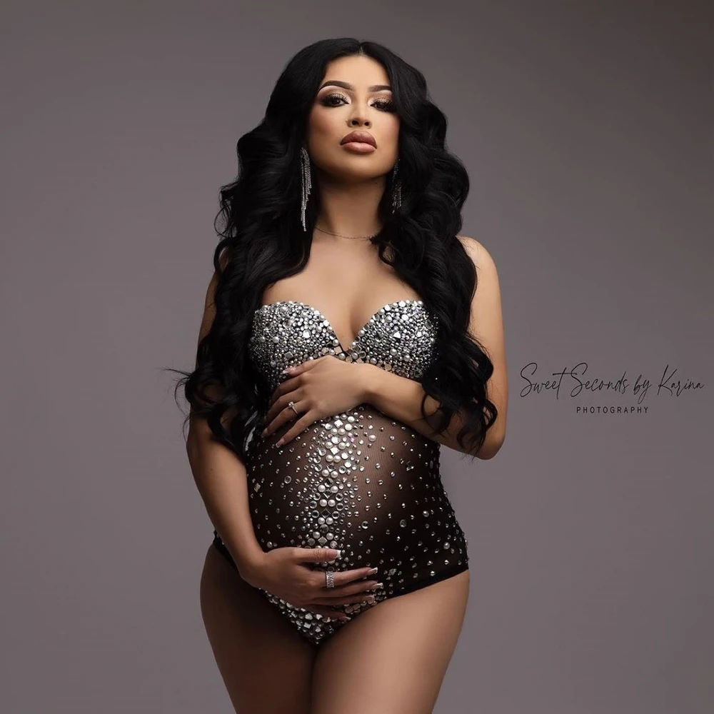 Stretchy Mesh Maternity Photoshoot Bodysuit With Crystals Shining Rhinestone Pregnancy Photography Bodysuit Skinny