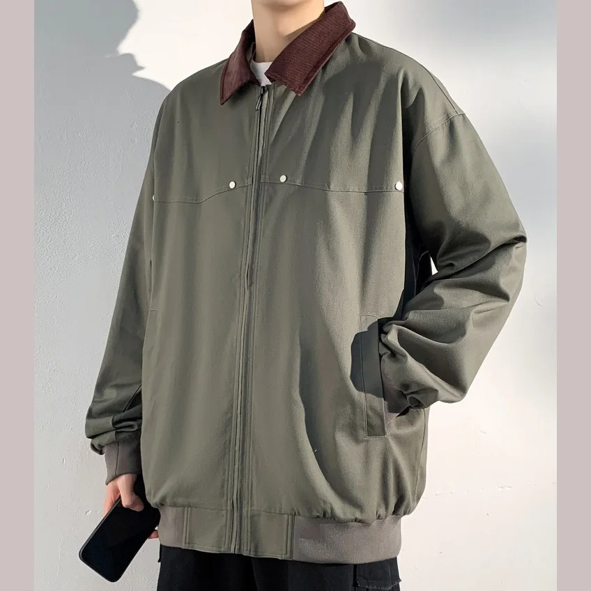 2025 Man Jacket Autumn Fashion Contrast Color Turn Down Collar Male Coat Zipper Long Sleeve Pocket Business Men Outerwear