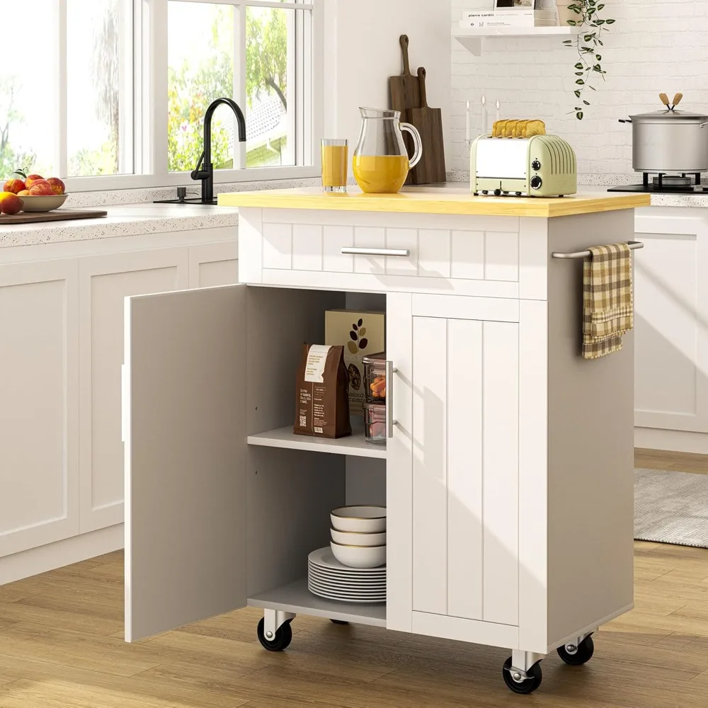 

Kitchen Island on Wheels with Storage Cabinet & Drawer, 26" Width Rolling Kitchen Table, Cart Handle for Towel Rack or Free Mob
