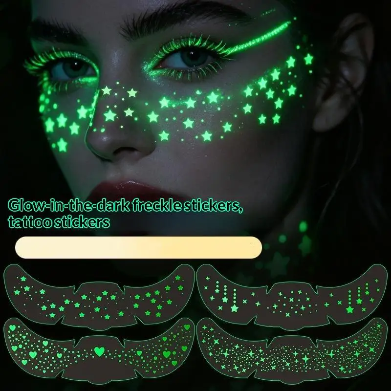 Luminous Freckle Tattoo Stickers Sparkle Glow Star Heart Pattern 4 Sheets Waterproof for New Year Eve Party