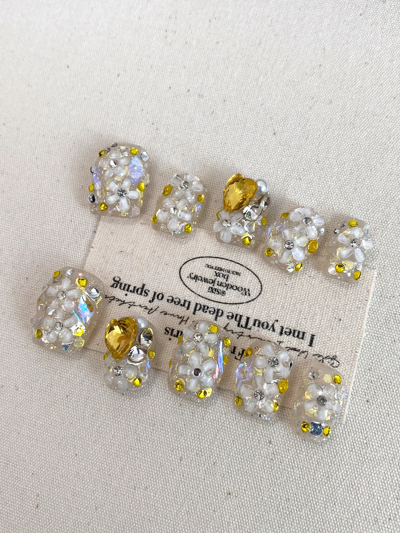 Sweet Floral Clear Press On Nails, Handcrafted Short Square Fake Nails, White 3D Flower, Large Yellow Heart Gem