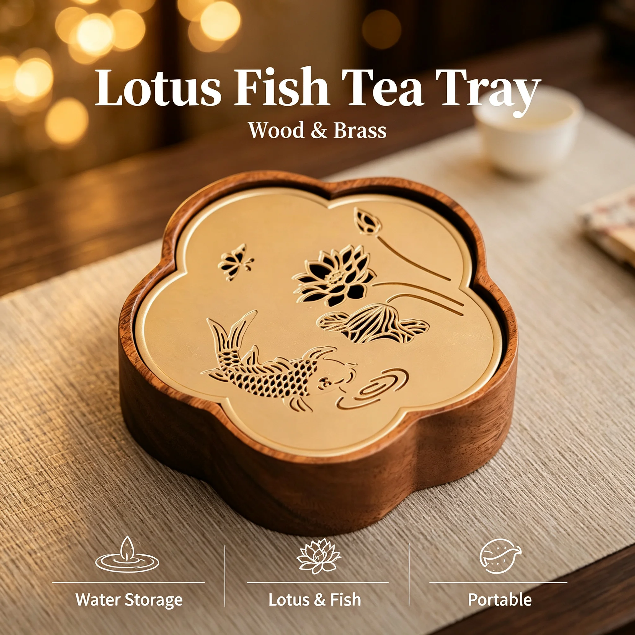 Wooden Lotus Fish Tea Tray Dry Brew Gongfu Tea Boat with Water Storage for Home Office Tea Ceremony Portable Travel Gift