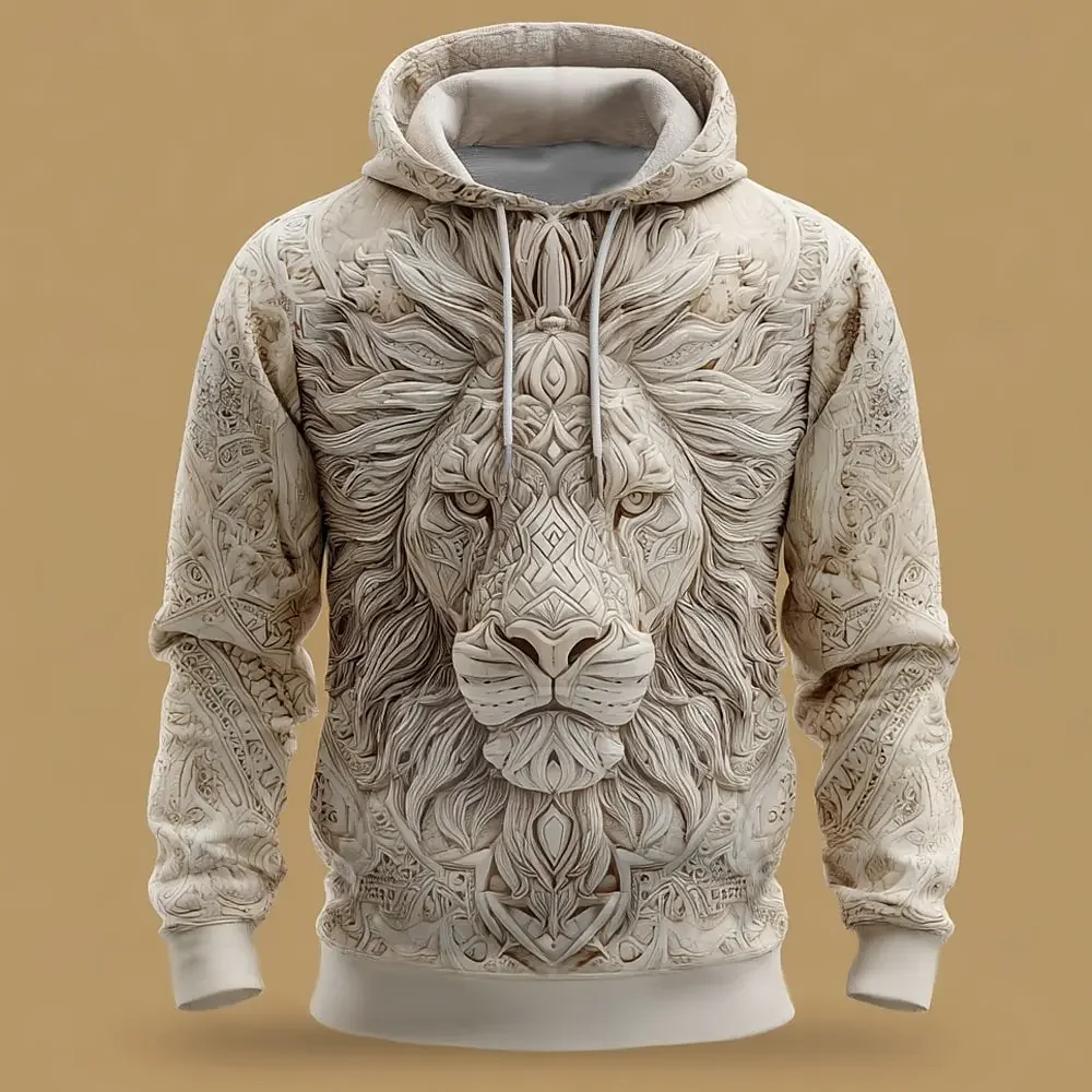 Men Hoodie Polyester Fiber 3D Print Embossed Lion Head Totem Pattern Long Sleeve Drawstring Pullover For Daily Streetwear
