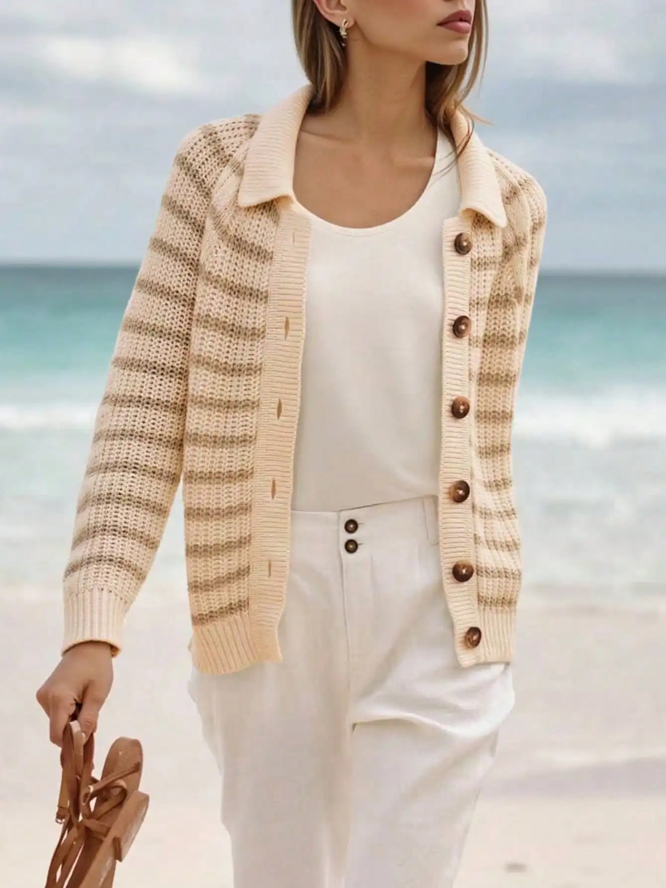 Cardigan in maglia con collo a polo Fisoew |   Maglione da donna a maniche lunghe aperto sul davanti |   Copricostume stile giacca abbottonata