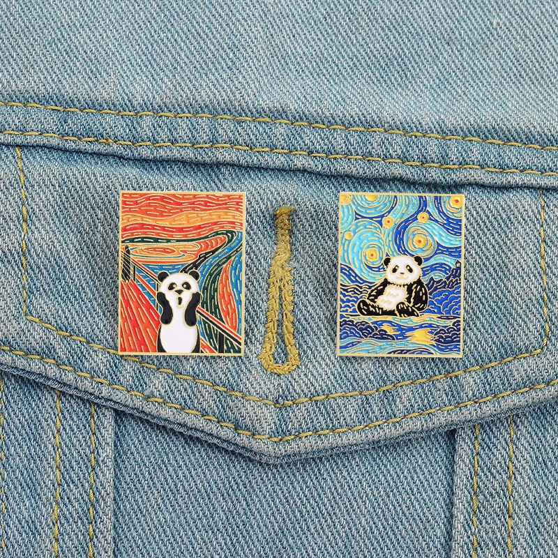 Van Gogh Starry Sky Oil Painting Enamel Pin Edvard Munch The Scream Abstract Panda Brooches Lapel Badge Funny Jewelry Gifts