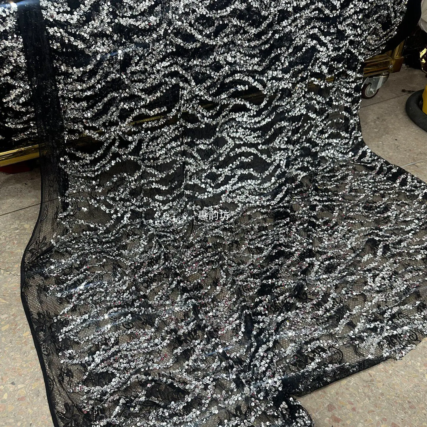 

Black Wave Stripe Mesh Fabric with Silver Sequin Luxury Material for Wedding Dress Evening Gown Designer Apparel Accessories