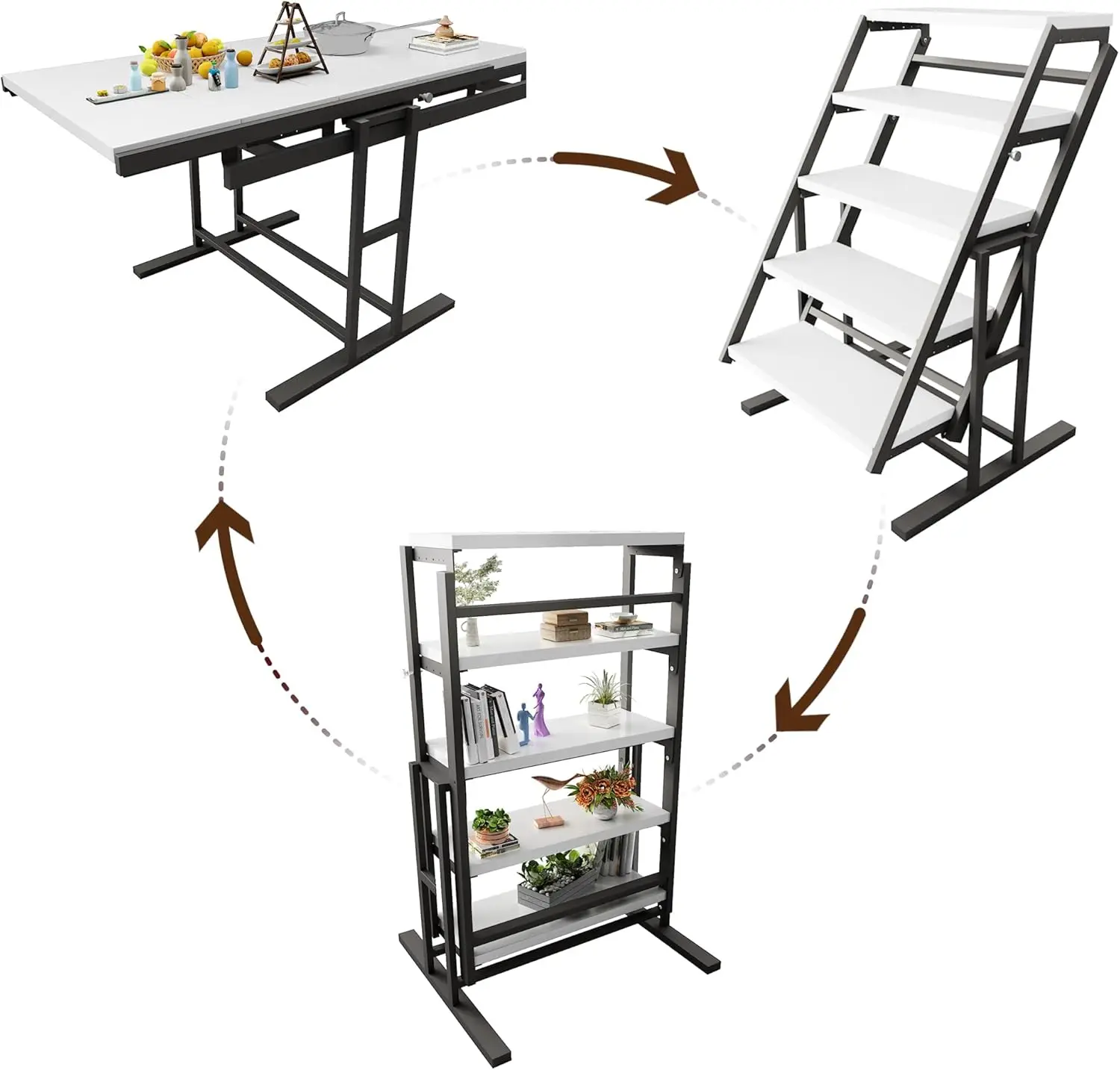 Convertible 2 In 1 Shelf To Table,Extendable Dining Table With Metal Frame,5 Tier Shelving Unit For Small Spaces,Multipurpose