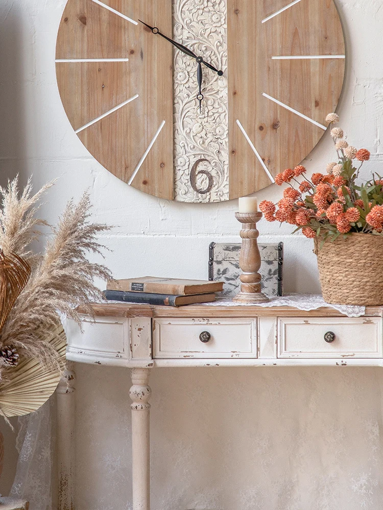 Two Toned Half Round Wooden Console Table with Drawers, Living Room Furniture, Retro Shabby Chic Style