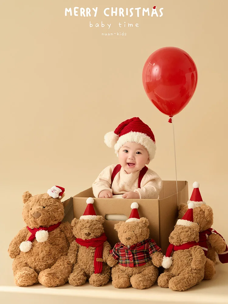 100 Days Baby Photography Outfit Knitted Long Sleeves Beret Santa Hat Sock Set Bear Dolls Studio Christmas Photo Clothes Props