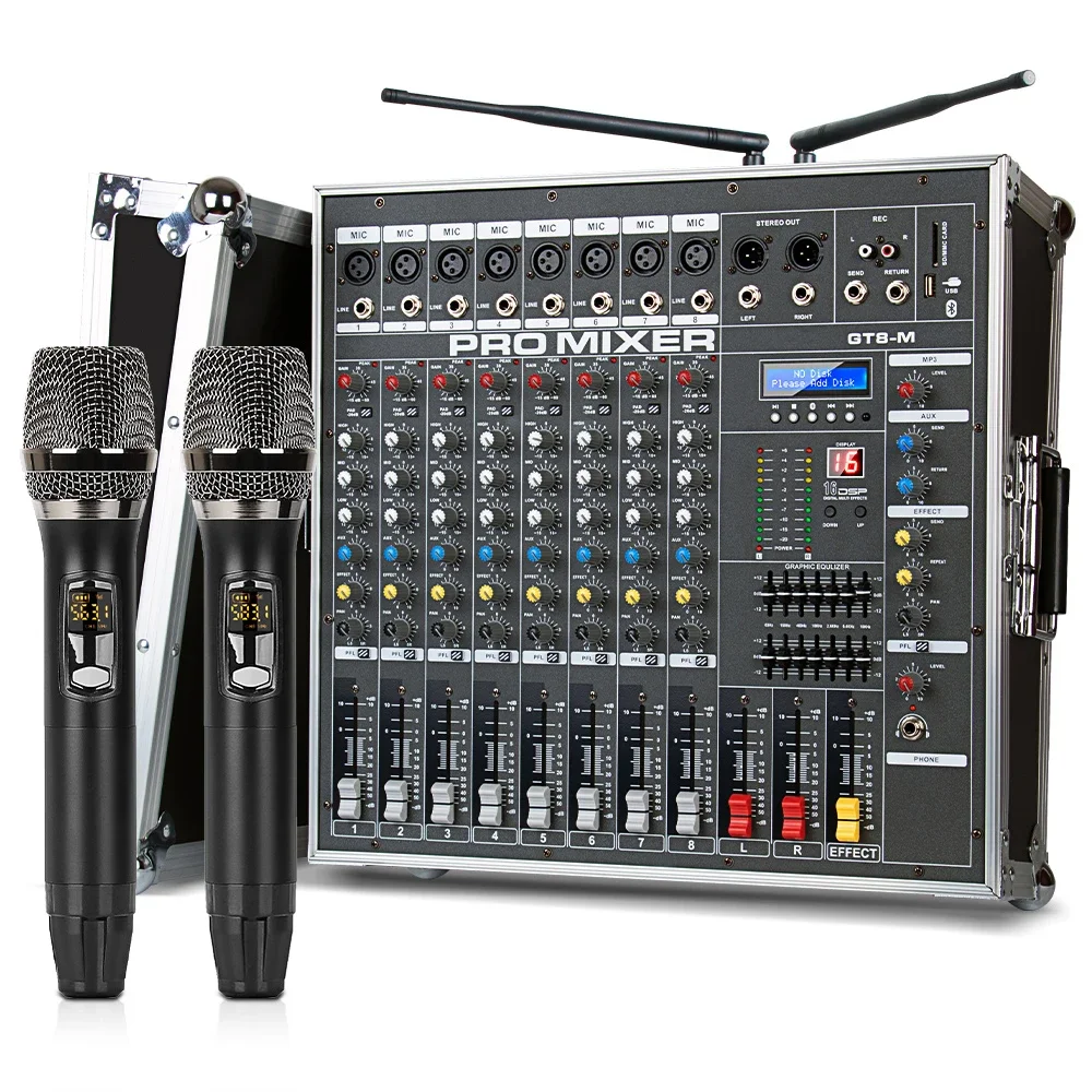 

Biner GT8M Professional 8 Channel Audio Power Amplifier With Two Wireless Microphones For Stage Wedding Powered Audio Mixer