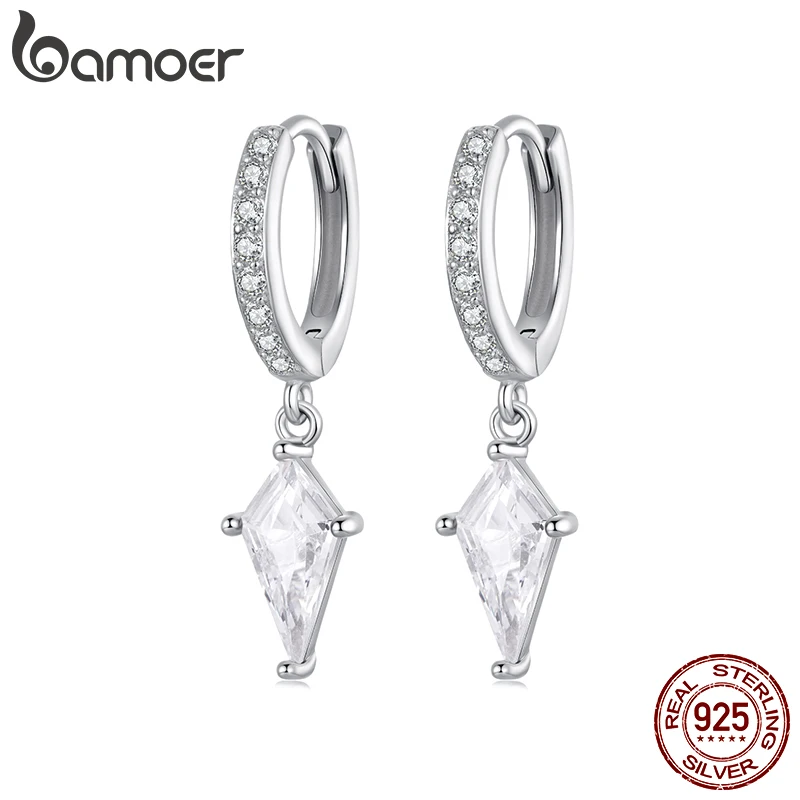 

BAMOER 925 Sterling Silver Diamond-shape Drop Dangle Earrings for Women Teens Mono Hoop Stud Earrings Double-Pierce Tassel Chain