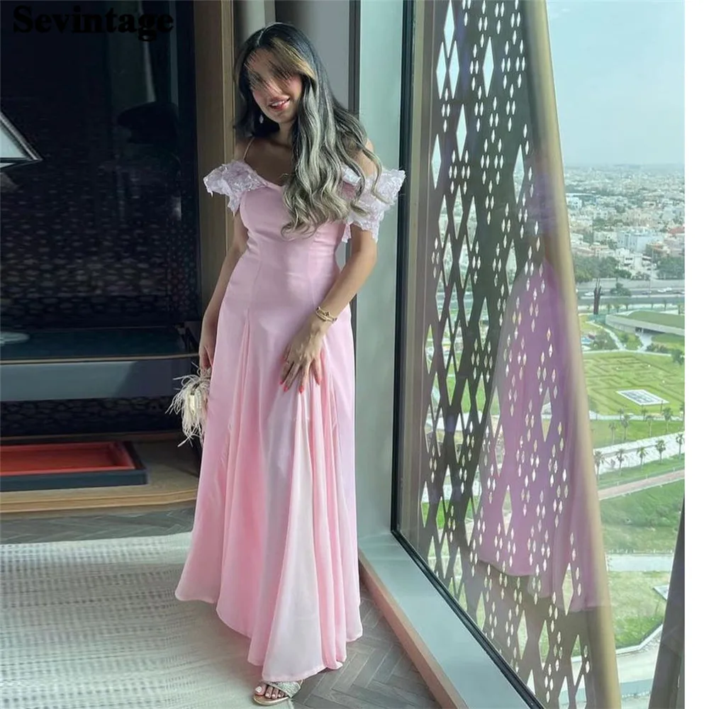 

Sevintage Elegant Baby Pink A-Line Prom Dress Off The Shoulder Spaghetti Strap Ruched Ankle Length Evening Dress robes de soirée