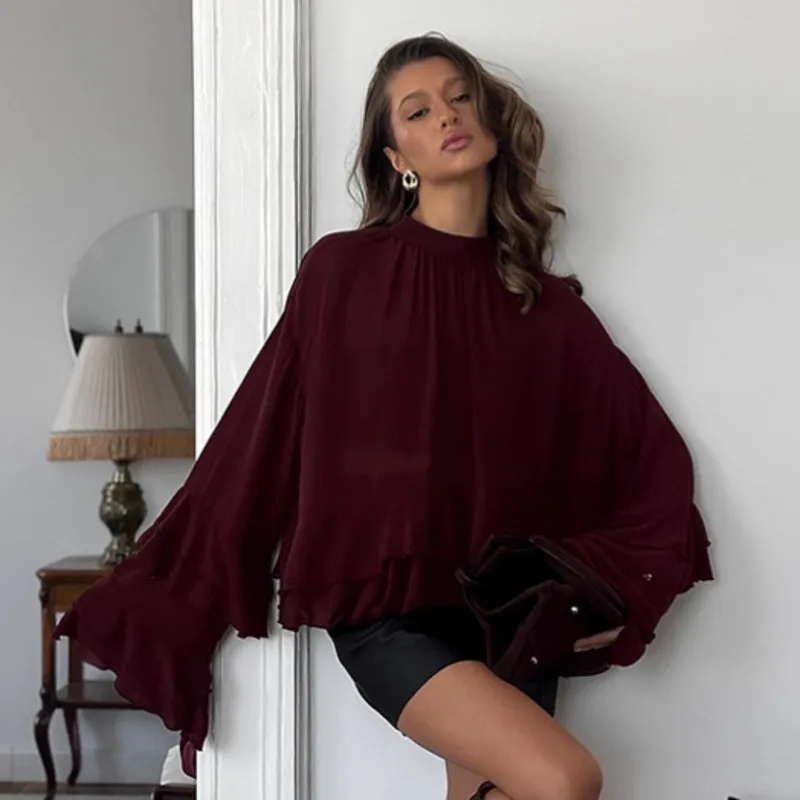 Fashion Women See-Through Ruffled Long Sleeve Blouse Casual Vintage O-Neck Elastic Drawstring Top Chic Summer Versatile Shirts