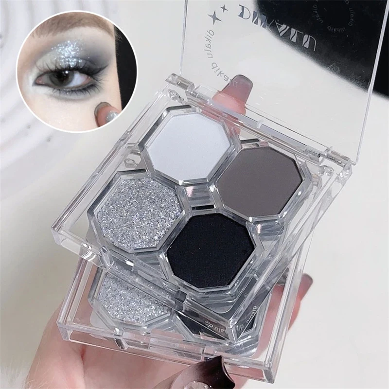 DIKALU 4-Color Punk Smokey ماتي بريق عينيه لوحة لامع ظلال العيون طقم مكياج كول منغم رمادي أسود العين لوحة