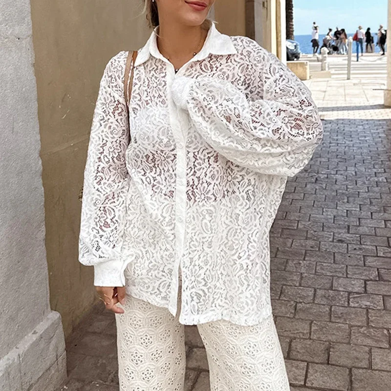 

Fashion Loose Sexy Tops Casual White Lace Long Sleeve Shirt Spring Women Clothes Elegant Hollow Crochet See Through Blouse 29354