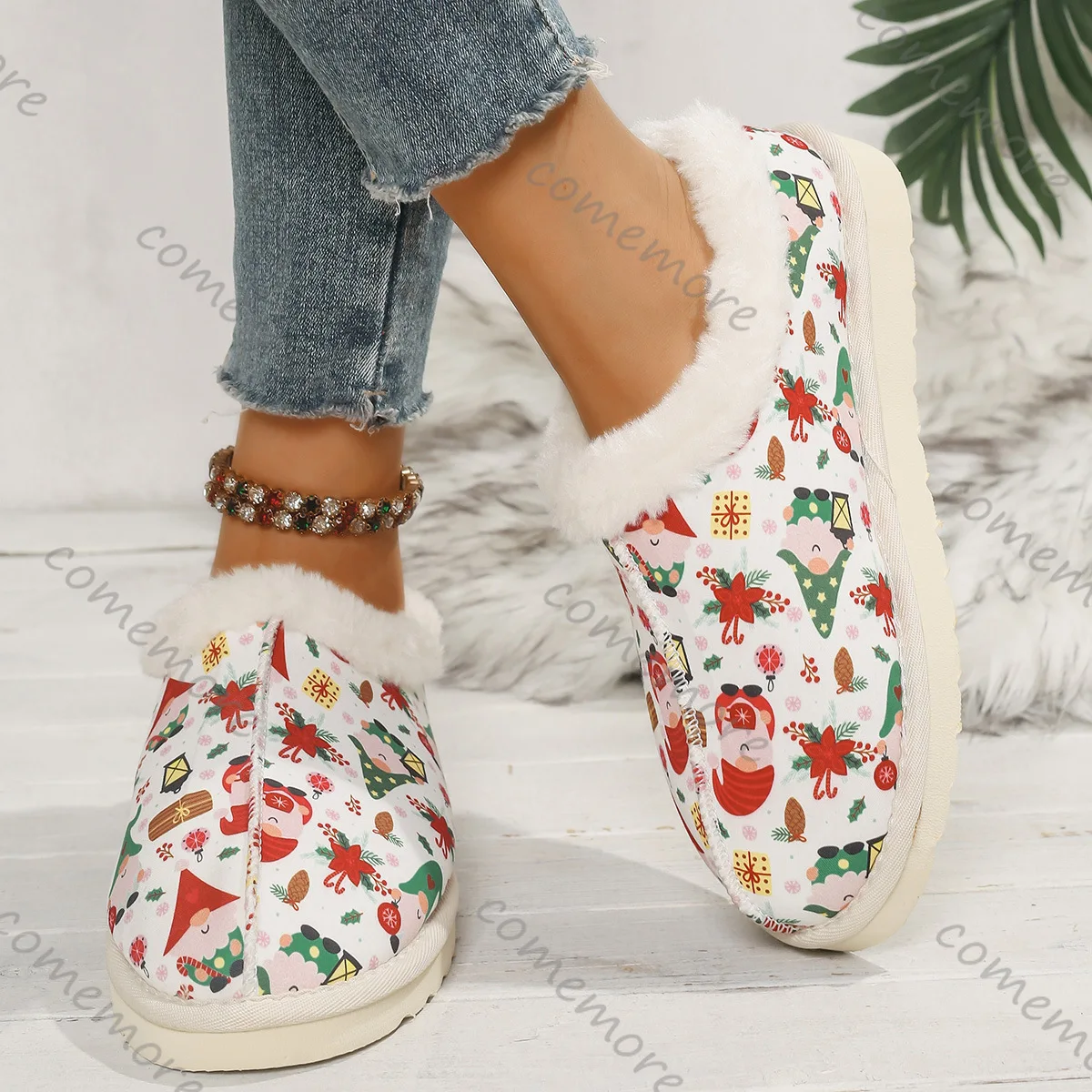 Comemore Large Size Cotton Shoes Winter New Padded Thickening Slip on Boots Casual Flat Bottom Printing Round Head Women's Shoes