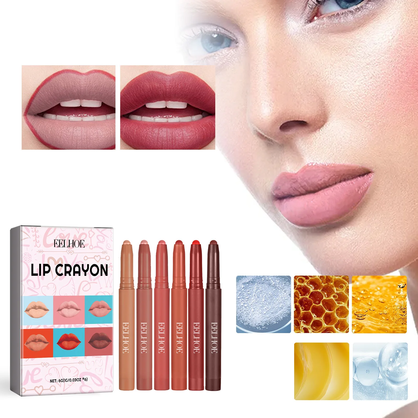 Lápis labial hidratante para mulheres, lápis labial duradouro, forro labial de esboço, pasta suave, 6 cores, 1g, 6 peças