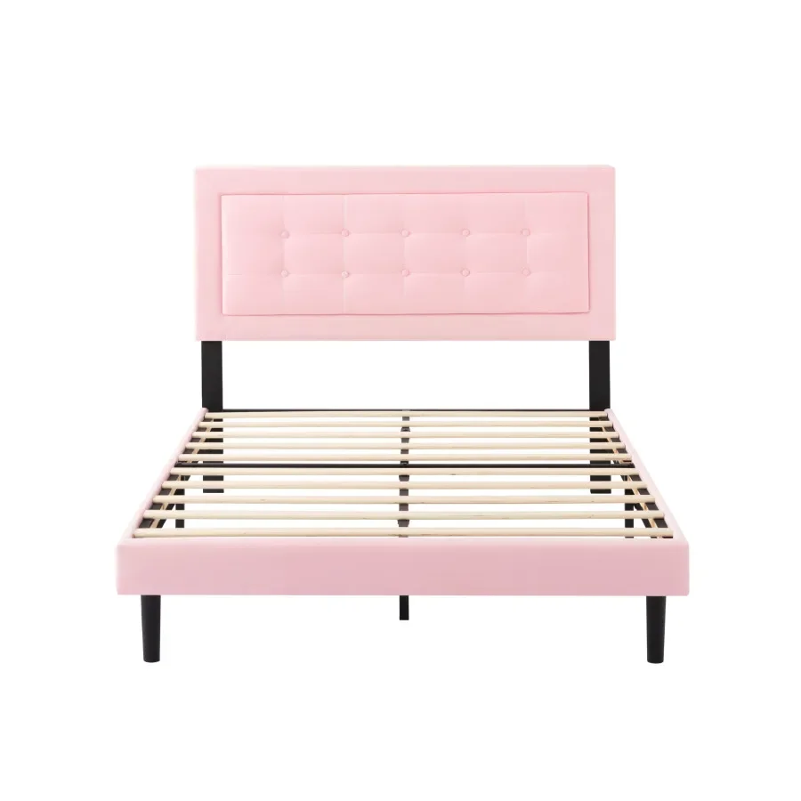 Full Size Upholstered Platform Bed Frame with Wood Slats Support, Pink Mattress Support