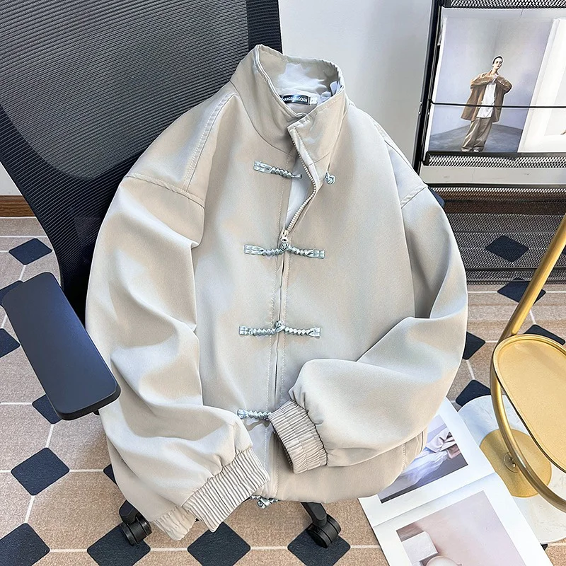 

New Chinese Sle Zipper Casual Jaet Men's Spring Autumn Loose Fit Stand Collar Button up T Coat Youth Faion