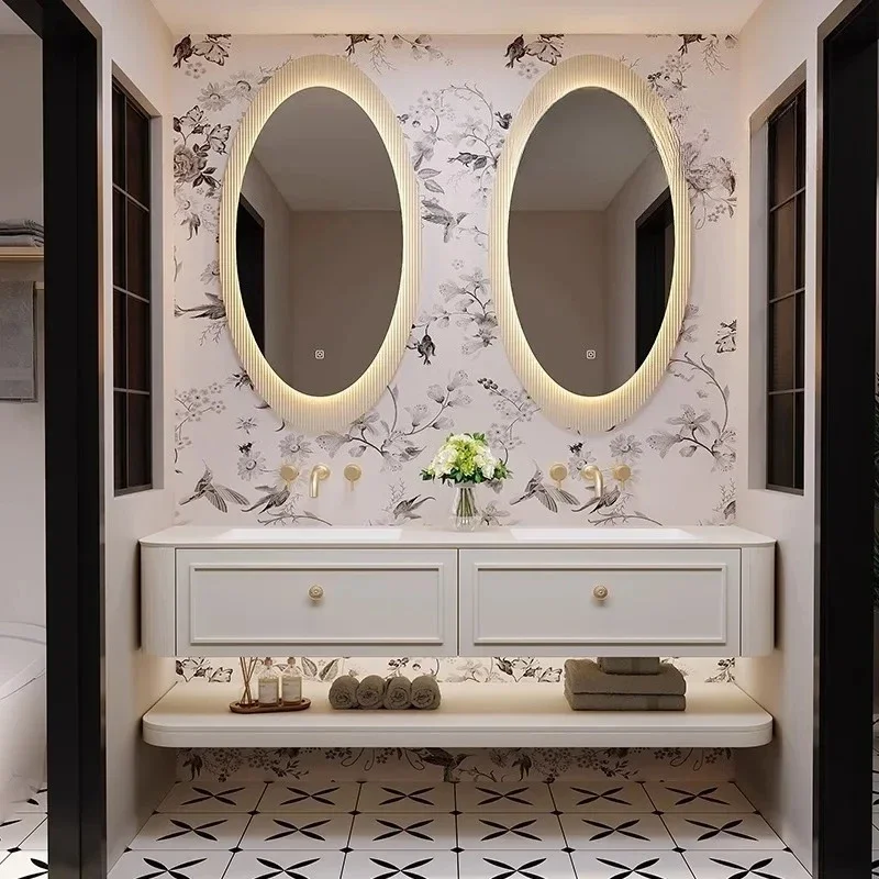 

French bathroom cabinet rock slab seamless integrated basin combination bathroom double basin washstand oak paint