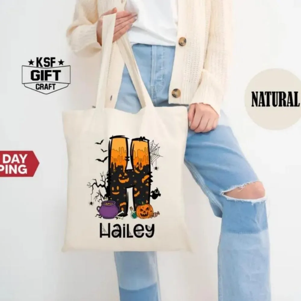 حقيبة حمل مخصصة للهالوين، حقيبة حمل بحروف الهالوين، حقيبة حمل للهالوين للأطفال، حقيبة حمل تحمل اسم مخصص، حقيبة حمل شبح