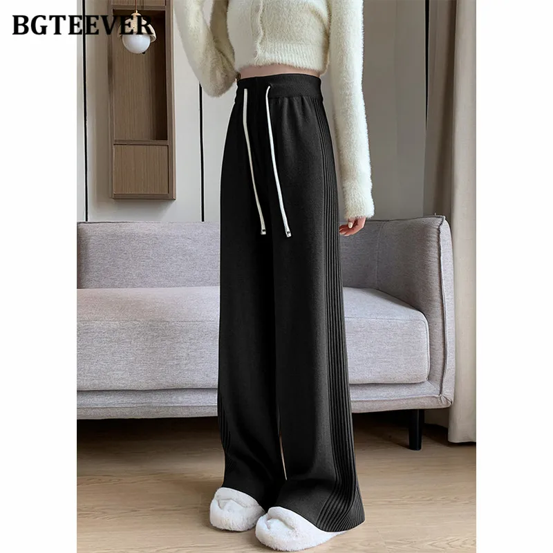 BGTEEVER Chic Casual Loose Floor-Length Women Solid Knitted Pants Fashion High Waist Lace-up Female Wide Leg Sweaters Trousers