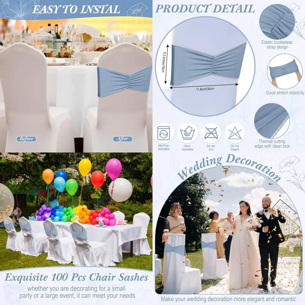 

100 Pcs Spandex Chair Bows with Sliders for Weddings, Parties, and Events in Dusty Blue