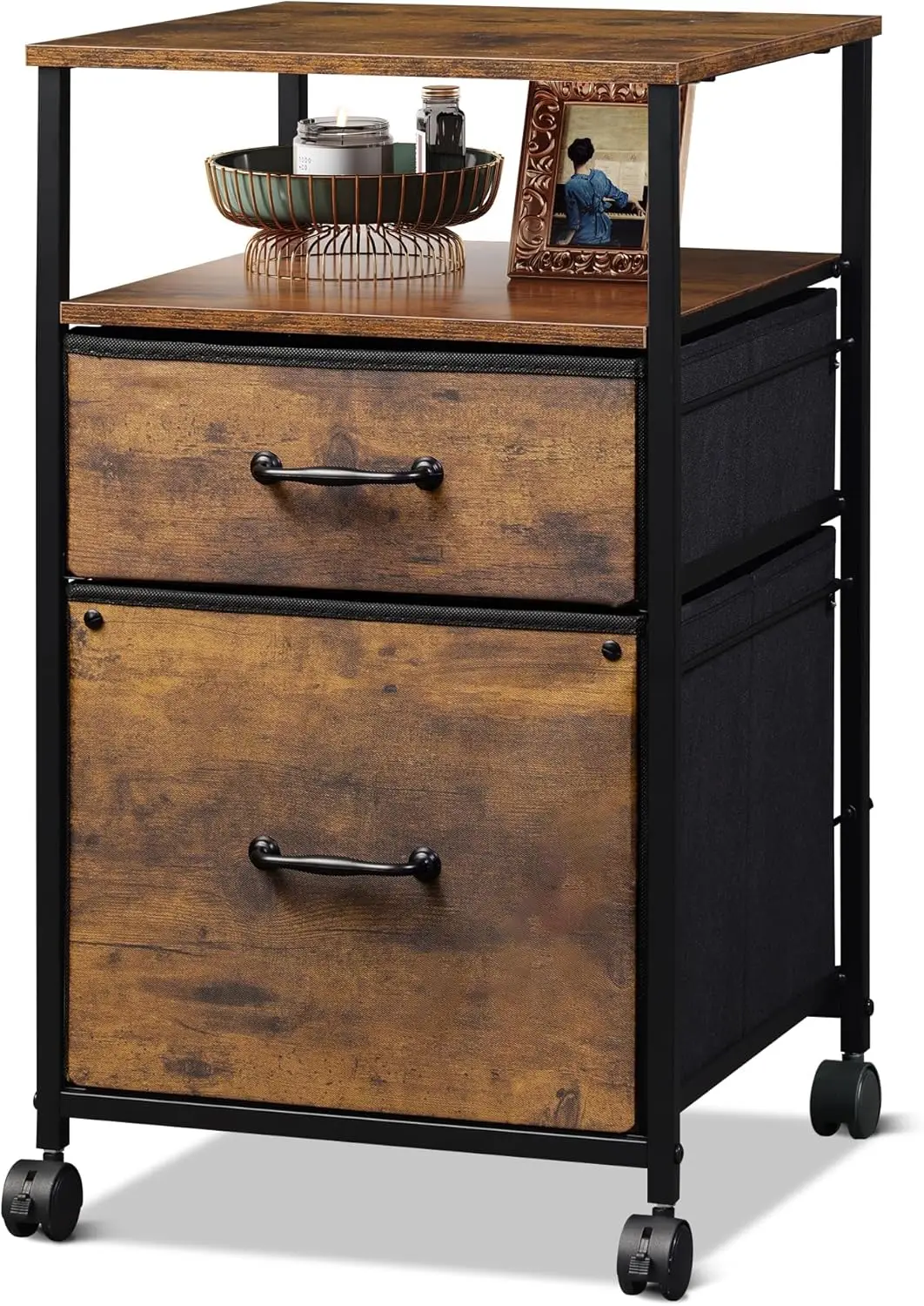 

2-Drawer Mobile File Cabinet with Rolling Printer Stand, Open Shelf for Home Office, Rustic Brown Wood Grain Print