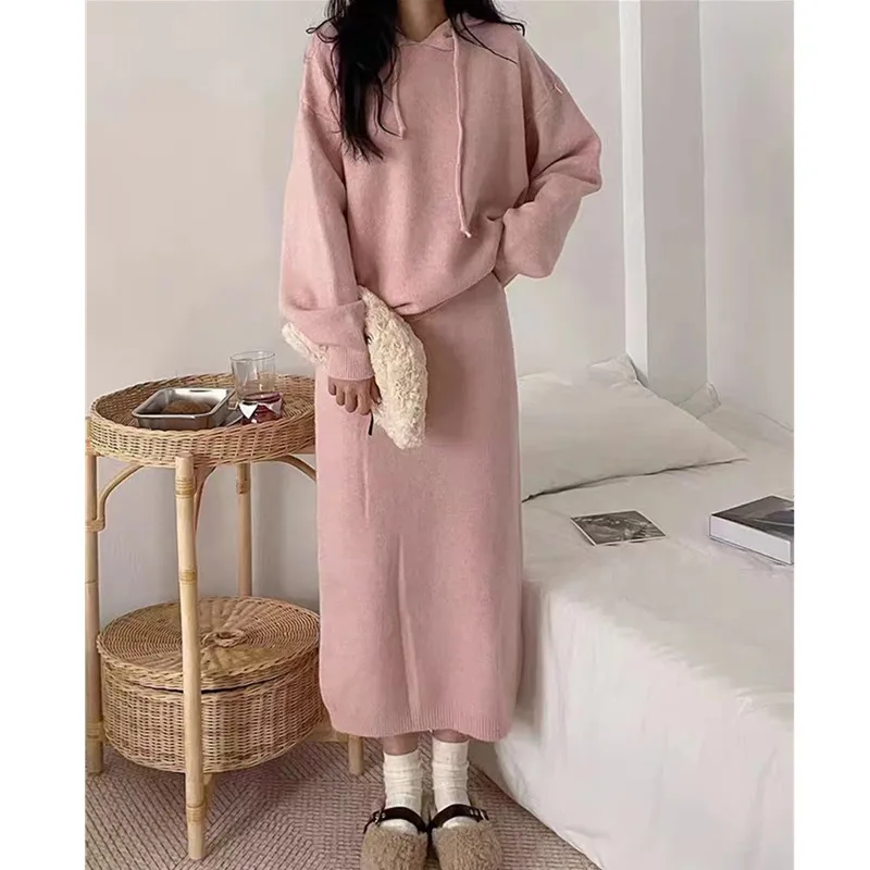 Autumn Winter Hooded Knitwear Loose Two Piece Outfits Sweate Women Korean Harajuku Style Casual Knitted Tops and Long Skirt Suit