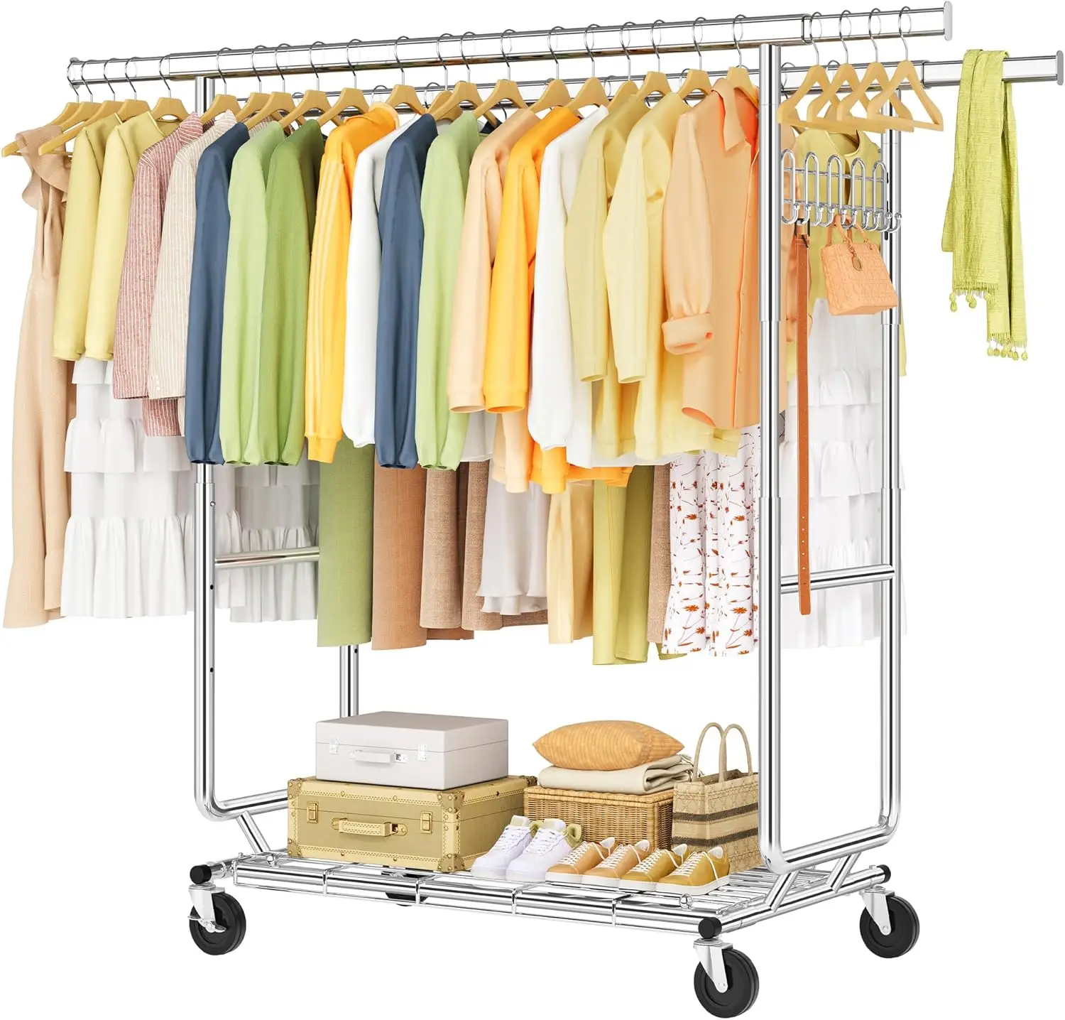 

Складная регулируемая вешалка для одежды с двумя штангами и колесами, сборка за 2 минуты, усиленная конструкция, для коммерческого использования