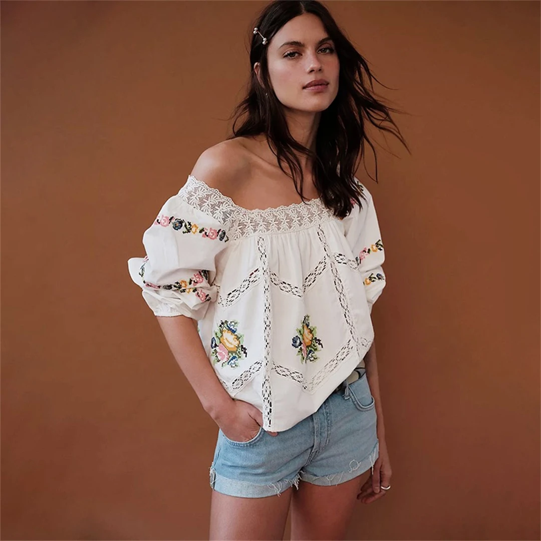 

Sweet Cotton Embroidered Shirt Square Collar Long Sleeve French Style Loose Fit Bubble Sleeve Plant Floral Pattern Women's Top