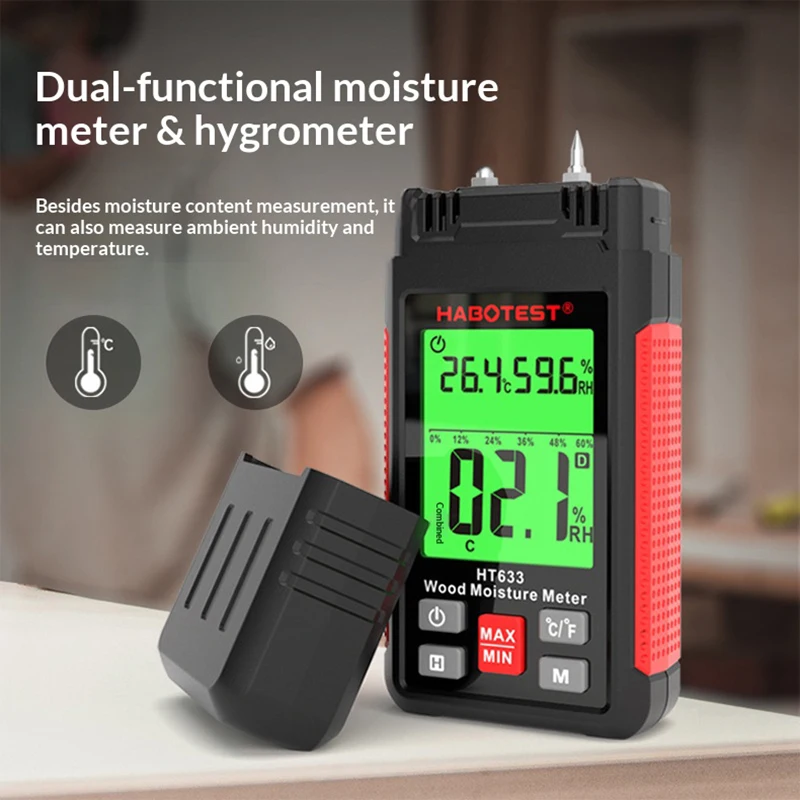 

HABOTEST HT633 Цифровой измеритель влажности древесины с экраном с RGB-подсветкой, 7 режимами материала, съемным зондом, MAX/MIN/AVG, водонепроницаемый