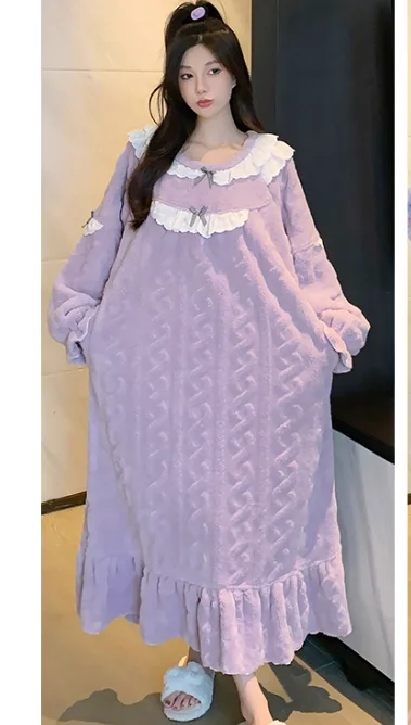 Pigiama da donna autunno inverno nuovo dolce girocollo con fiocco principessa camicia da notte in flanella manica lunga carino allentato riduzione dell'età