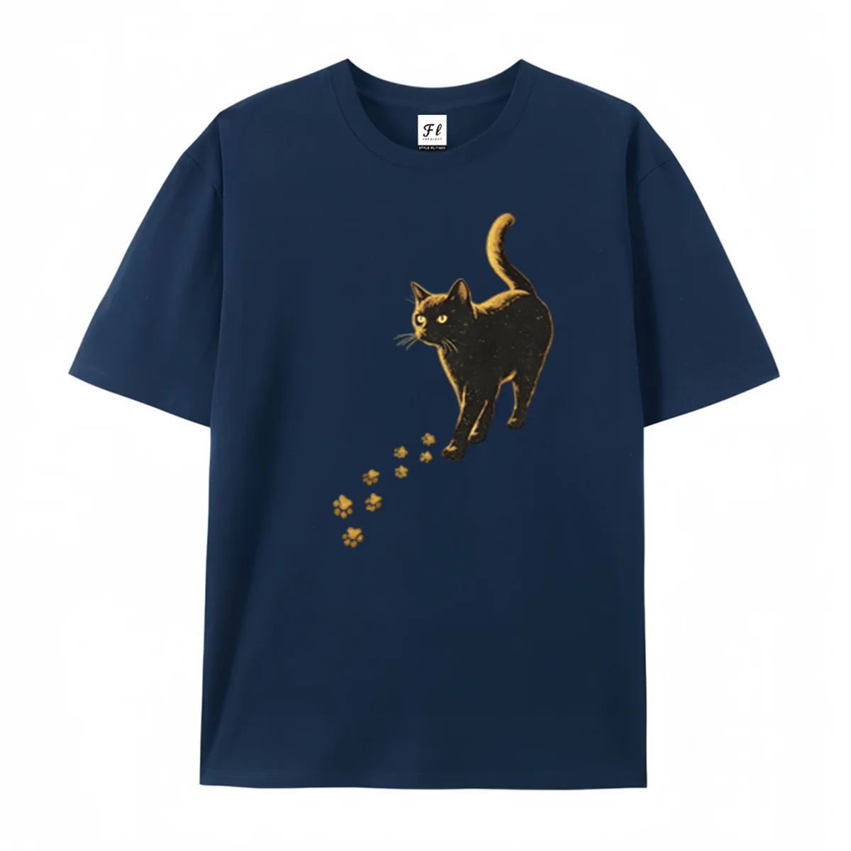 Black Cat With Golden Paw Prints Graphic T‑Shirt Mysterious Kitty Lover Art Tee Halloween Dark Feline Short Sleeve Casual Top