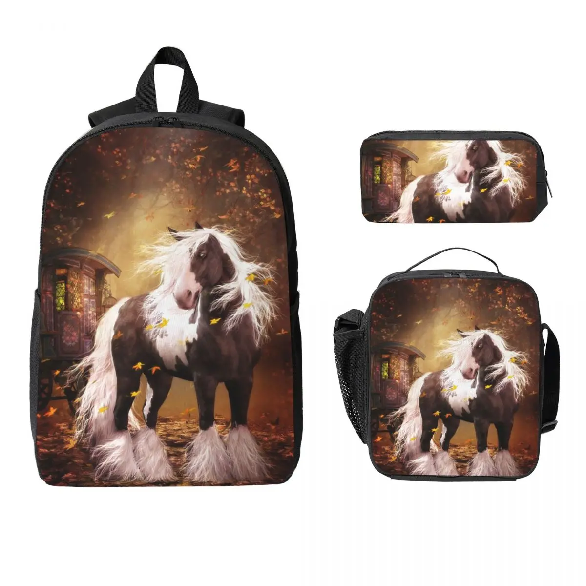

Brown Horse Herd Running Galloping Animal Lovers Humor Backpack Boys Girl BookBag School Bag 3ps Insulated Lunch Bag Pencil Case