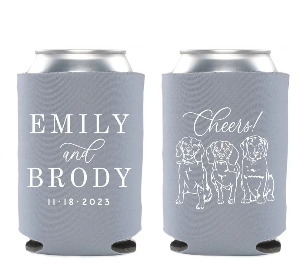 

Wedding Can Cooler #214R - Custom Pet Illustration - Cheers - Wedding Favors, Beverage Holder, Wedding Favor, Can Holder, Can