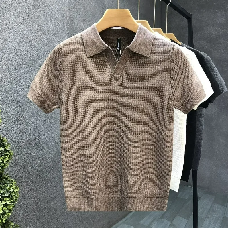 KIDWHXR Herren Strick-T-Shirt Sommer Slim Atmungsaktiv Business Casual Herren Poloshirt Dünn Einfarbig Kurzarm Vielseitiges Oberteil – Detail 5