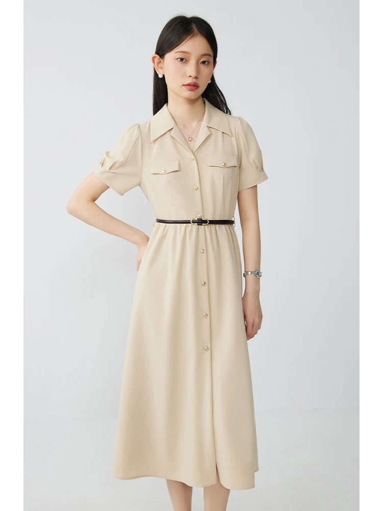 ZIQIAO Casual Style Shirt Dress for Women 2024 Summer New Workplace Commuting Cuban Collar Mid-Length Dress Female