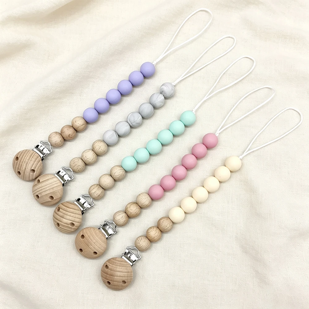 Baby Pacifier Clip Beech Wood Silicone Bead Soother Chew Teething Toys Dummy Nipple Holder Anti‑lost Chain Newborn Accessories