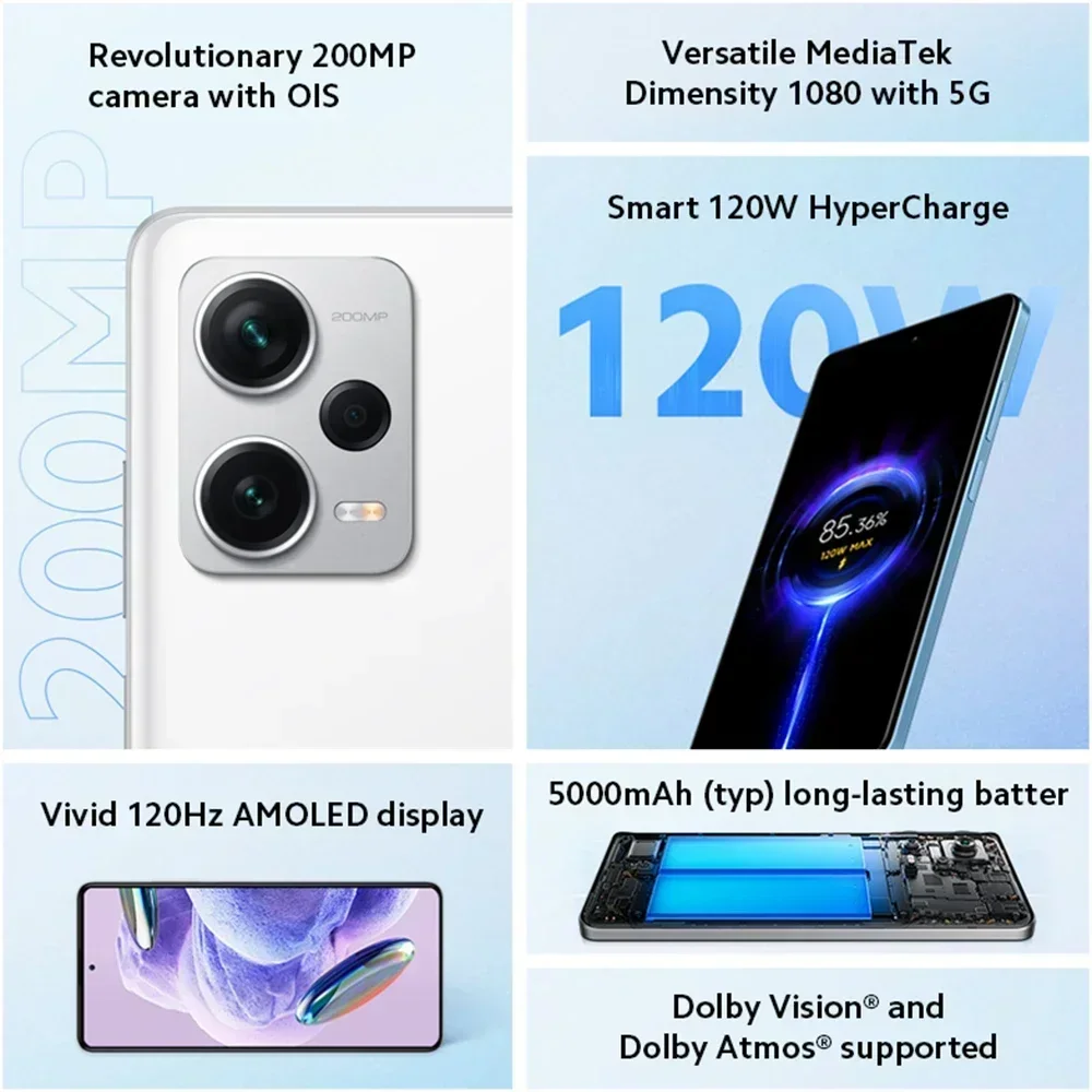 Xiaomi-Smartphone Redmi Note 12 Pro Plus 5G, versión Global, 8GB y 256GB, NFC, MediaTek Dimensity 1080, cámara de 200MP, cámara OIS, carga de 120W