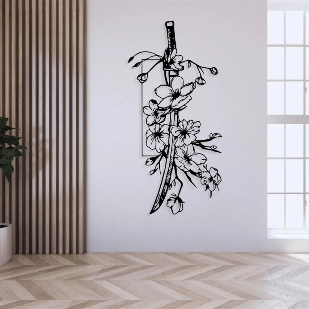 CIFBUY Iron Wall Art Sakura Katana Cherry Blossom Metal Decor Home Minimalist Rustic Accent Interior