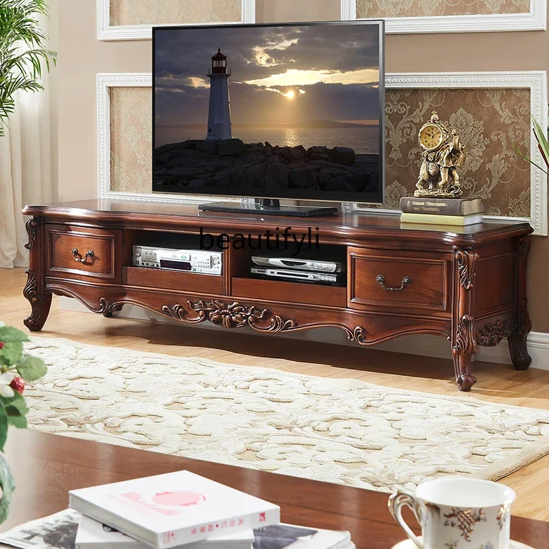 

American 2.0 meters all solid wood TV cabinet living room European engraved low cabinet TV cabinet