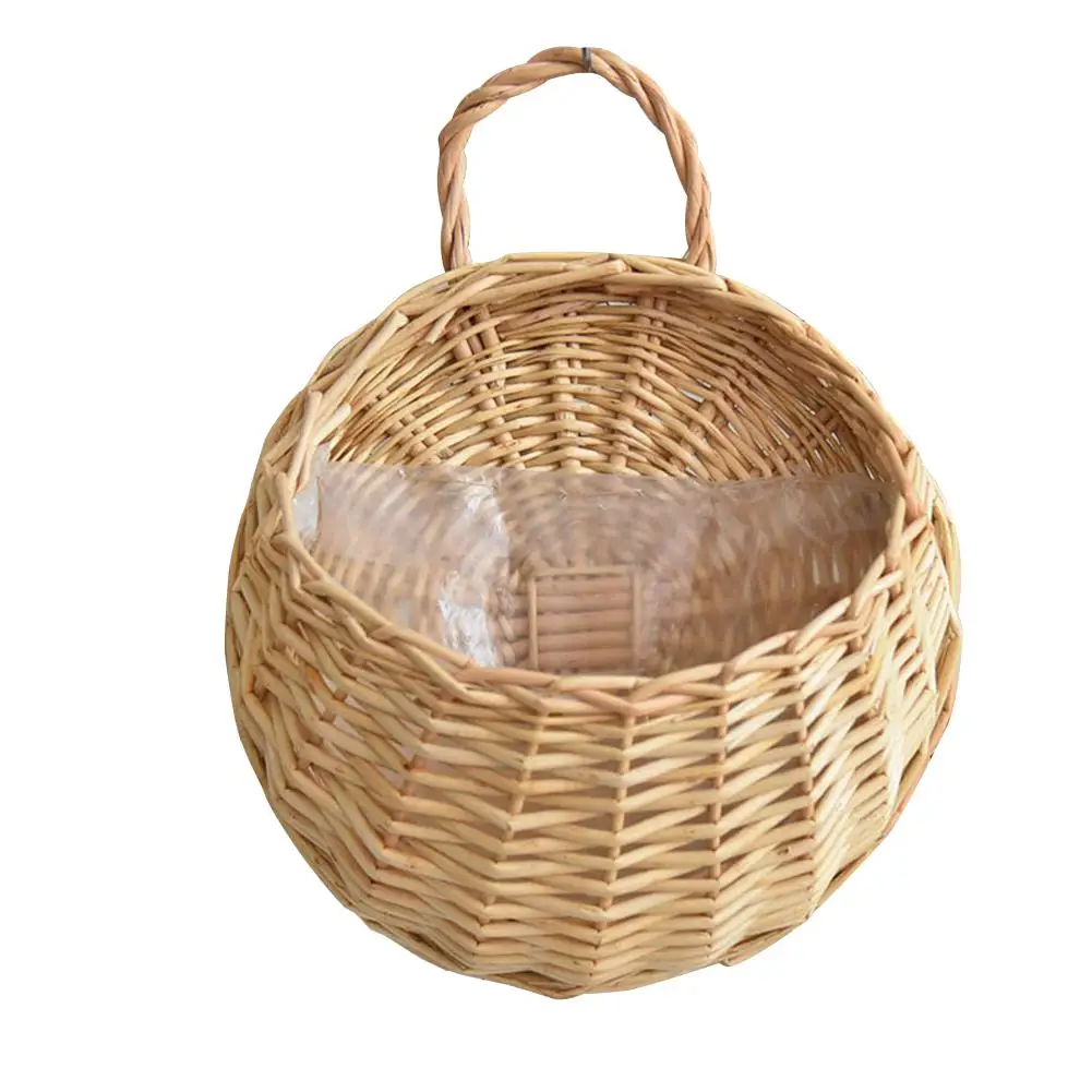 Wall Mount Wicker Flower Pot Hanging Woven Rattan Vase Basket Decor (White)