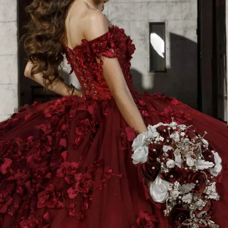 AA28 Customized Mexican Wine Red Quinceanera Dress 3D Floral Corset Prom Birthday Party Gown Sweet 16 Vestidos De 15 Quinceañera