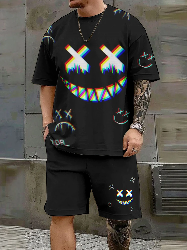 Devil Smiley Men's Streetwear Round Neck Short Sleeve Short Shorts Set Personalized Fashion Printed Pattern Two Pieces Clothing