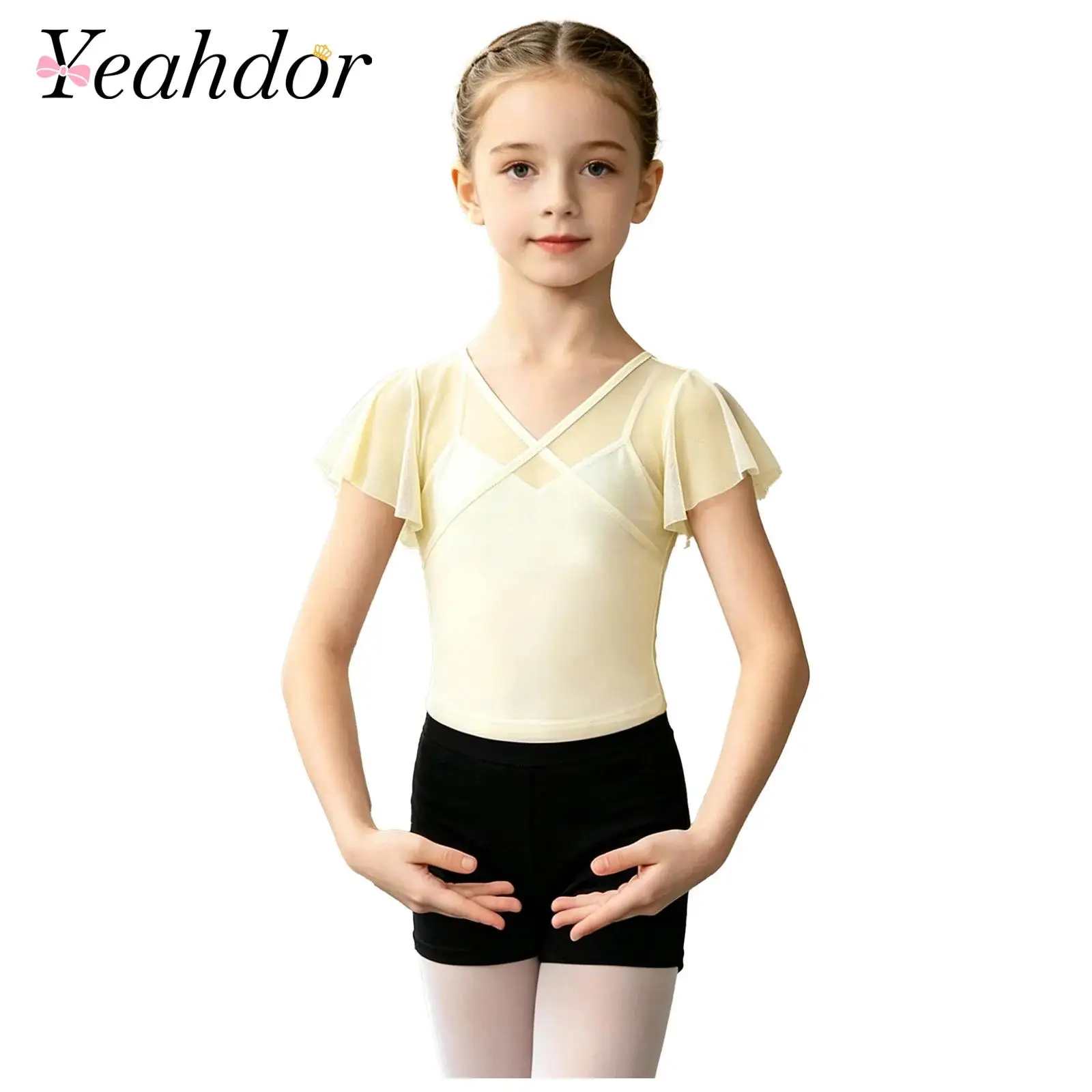 Kids Girls Classical Ballet Modern Dance Tops Short-sleeve V-neck Cross Wrap Front Mesh Top for Dance Practice Warm Up Clothes