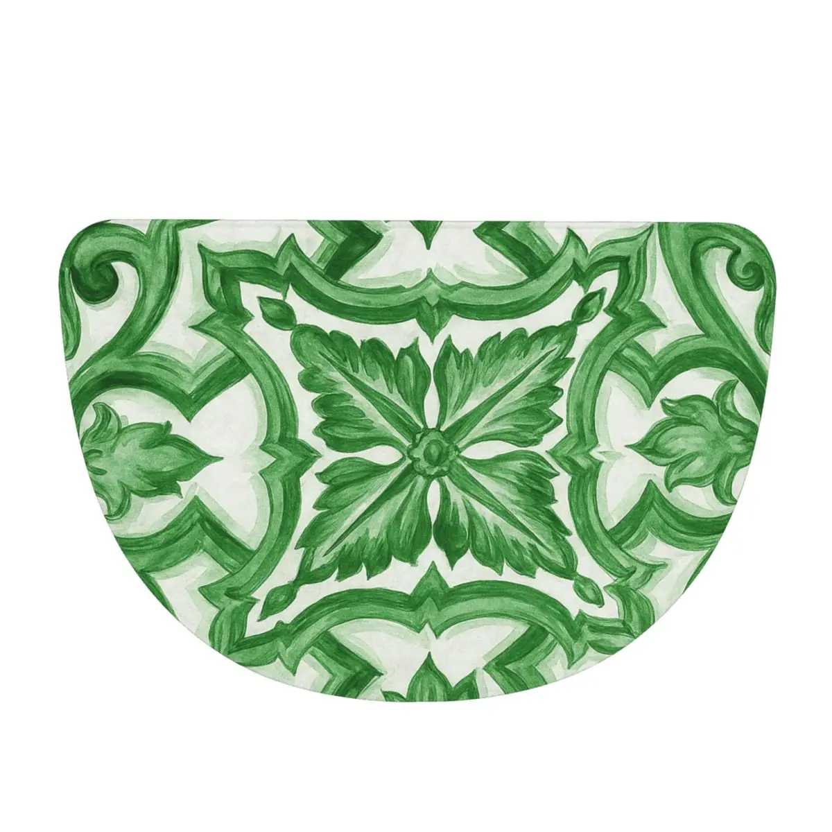 Green Ornate Floral Mediterranean Sicilian Tile Flannel Half Round Doormat Non Slip Bathroom Mat Absorbent Floor Carpet for Home